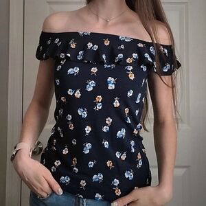 Ann Taylor Factory Industrial Navy Pansies Ruffle Tank Navy Size XS